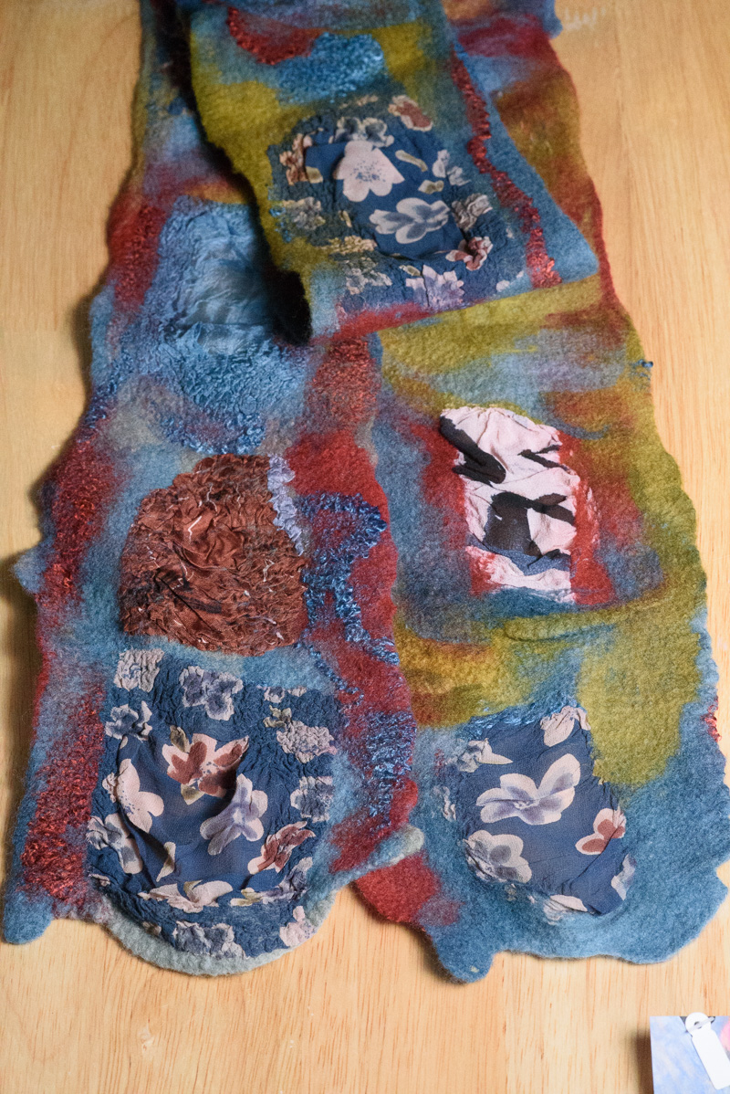 Handmade nuno felted collage scarfs by Melinda LaBarge