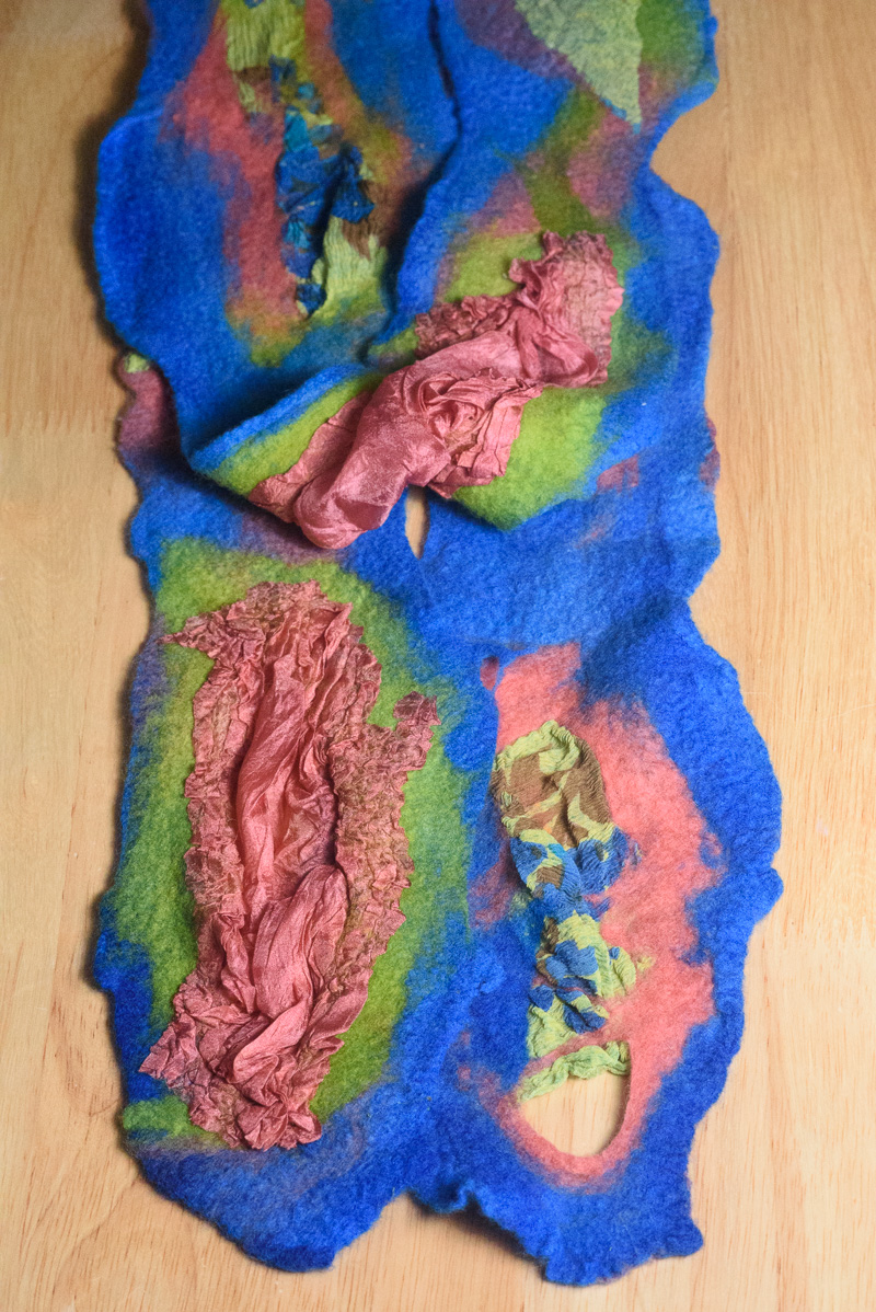 Handmade nuno felted collage scarfs by Melinda LaBarge